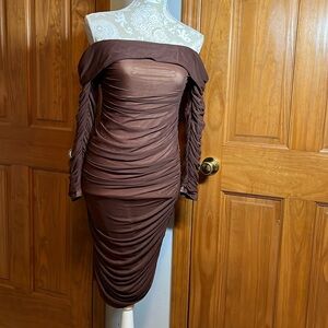 Chocolate Brown off the shoulder rouched high stretch midi